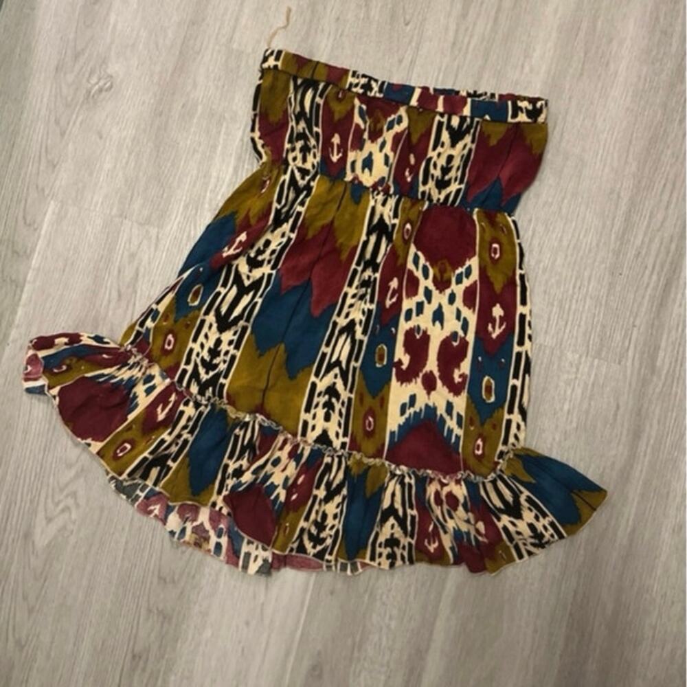 Poetry strapless Ikat print mini dress, vibrant, multi-colored tribal pattern, M